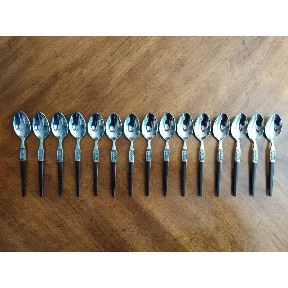 Lot 15x Teaspoons Ekco Eterna La Joya Stainless Faux Wood Flatwar MCM EKS14 6.4